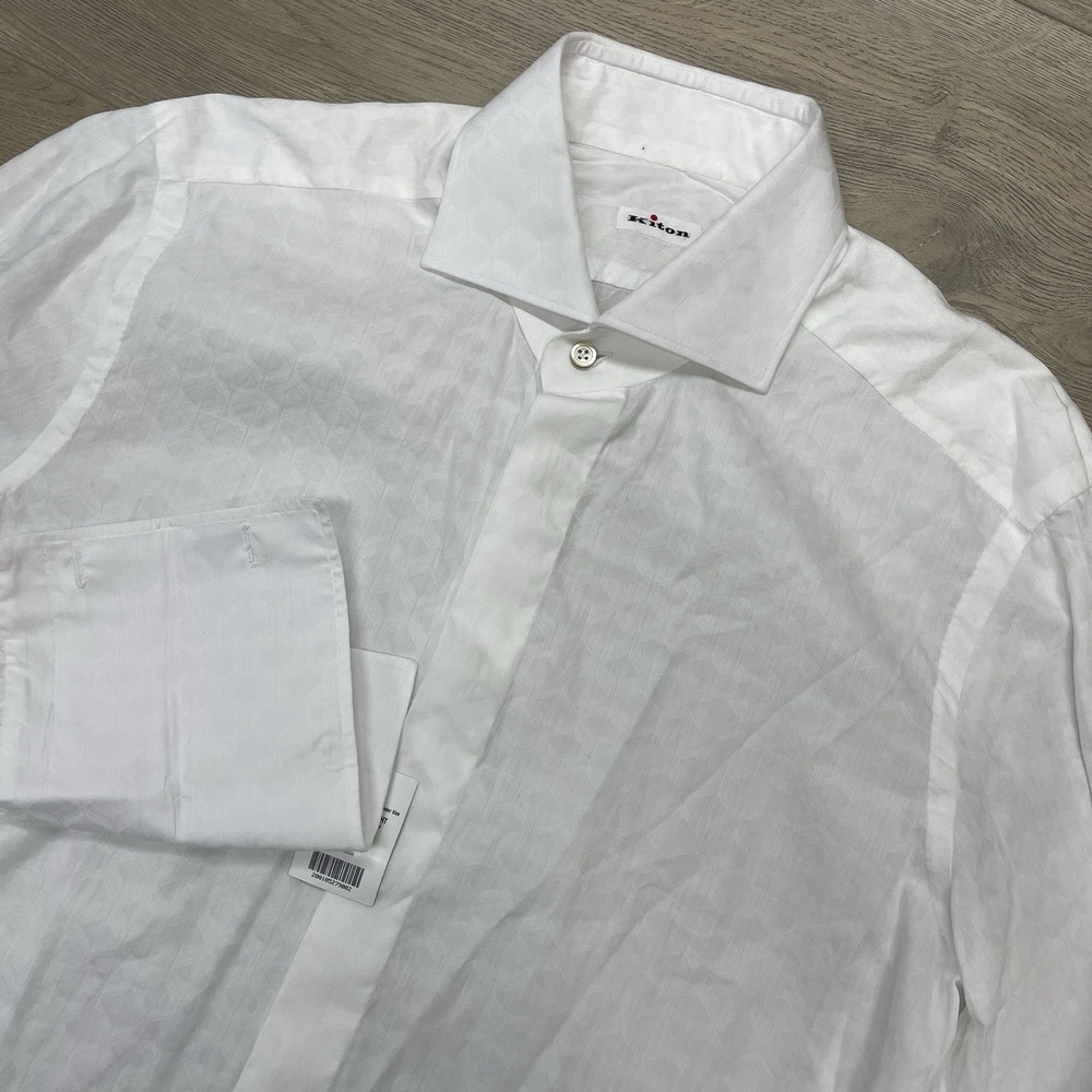 Kiton White Tonal Geometric Button Up Dress Shirt Sz 16/41 Fly Front READ French